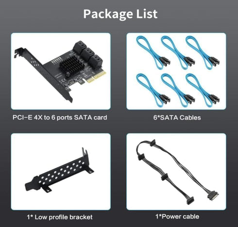 SATA 6 Port Card with 6 SATA Cables, PCI Express 4X SATA Controller, Supports WIN/10/8/7/XP/LINUX