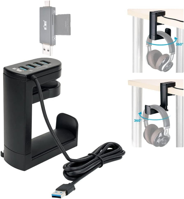 KIWIFOTOS Headphone Stand with 4 USB Ports Hub, PC Gaming Headset Holder, 360 Degree Rotation Clamp Under Desk