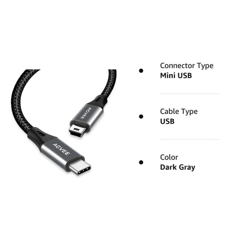 AGVEE 6ft USB-C to Mini USB Cable (2 Pack) - Braided OTG Charger for Hero 3+, PS3, Canon, Nikon, GPS, Blue Yeti, Dark