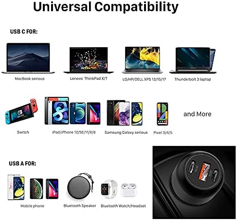 95W 3 Port USB C Fast Car Charger, 65W 30W PPS PD Type C Adapter for iPhone 15 14 Pro Max, Samsung S21 S10 Note10/20