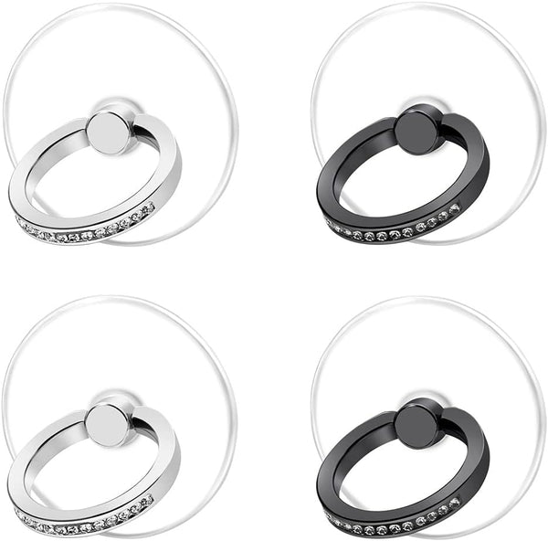 Transparent Cell Phone Ring Stand Holder, Finger Grip Loop (2 Silver 2 Black Round) for Phones (Exoer)
