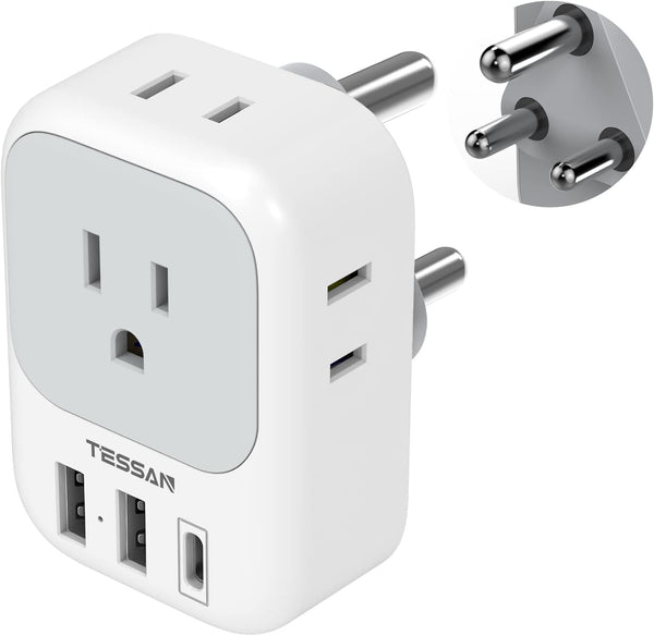 TESSAN South Africa Power Adapter, Type M Plug Adaptor with 4 American Outlets, 3 USB Charger (1 USB C Port)
