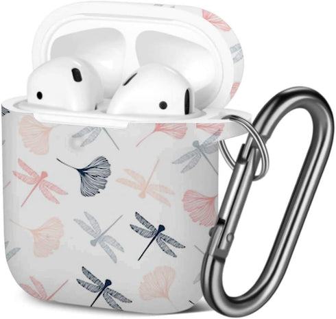 Shockproof Soft TPU Gel Case Cover for AirPods 2 and 1 with Keychain Carabiner - Dragonflies Ginkgo Leaves