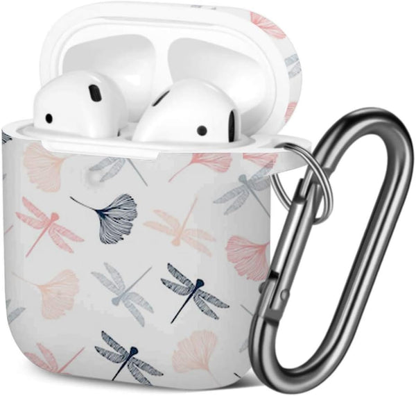 Shockproof Soft TPU Gel Case Cover for AirPods 2 and 1 with Keychain Carabiner - Dragonflies Ginkgo Leaves