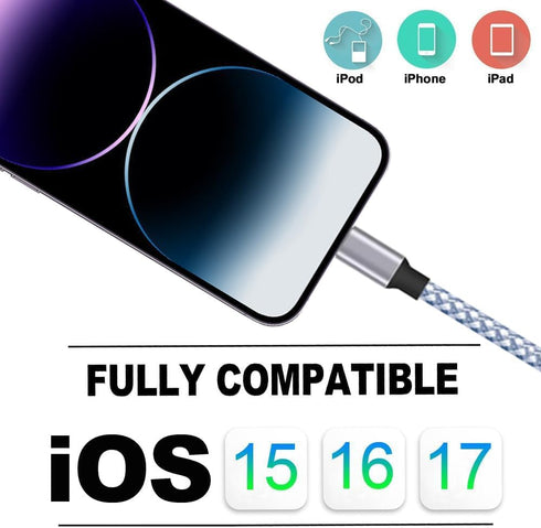 MFi Certified iPhone Charger 3-Pack 6ft Nylon Braided USB-A to Lightning Fast Charging Cable for iPhone 14/13/12/11 Pro