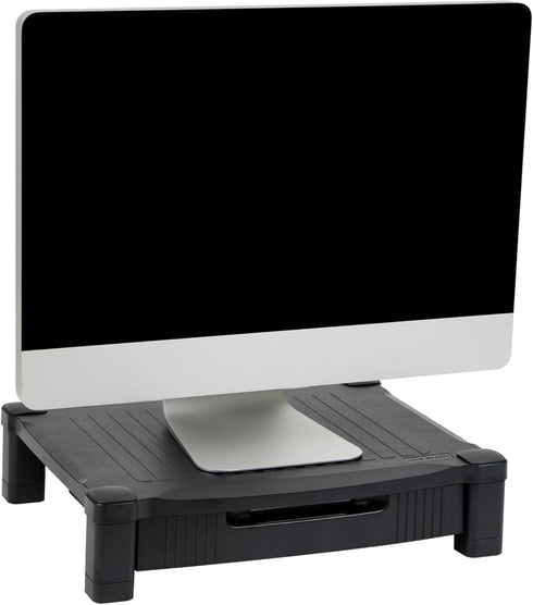 Mind Reader Black Monitor Stand with Storage Drawer, Desktop Organizer, Laptop Riser for Office, 17.25"L x 13.25"W x 4"H