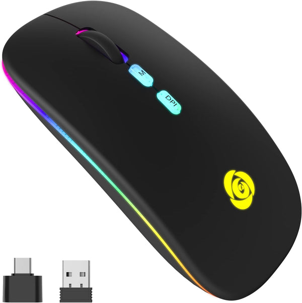 CC Store LED Wireless Bluetooth Mouse, Rechargeable Ultra Silent Slim, 2.4GHz Instant Connection, USB-C Adapter (Black)