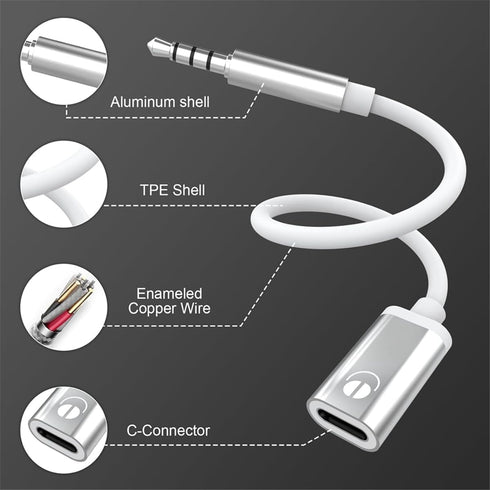Tiosen 3.5mm MP3 Male to Type-C Female Audio Adapter Cable, White, Compatible with Smartphones, Players, Laptops