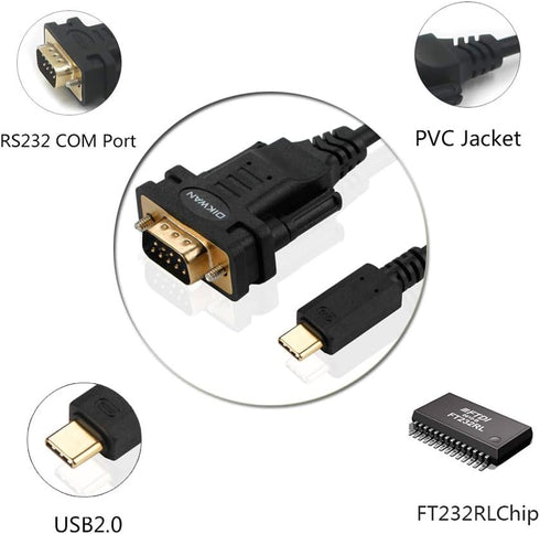 USB Type C to RS232 DB9 Serial Port Adapter Cable, FTDI Chipset, Supports Windows and Mac Linux