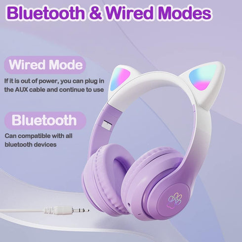 Kids Bluetooth Headphones, Wireless Over-Ear Headphones with Microphone, Cat Ear Design for Girls, Purple