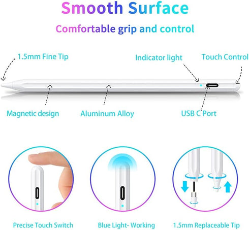 Active Stylus Pen, Rechargeable Stylus for iOS & Android Touchscreens, Dual Touch Screen Pencil, 16.5CM, White