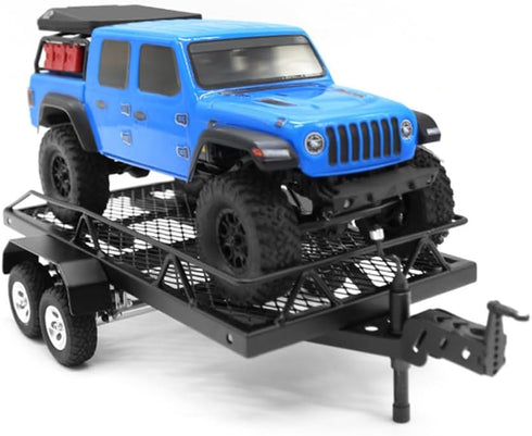 1/24 TRX4M SCX24 FCX24 1/18 1/24 GLOBACT RC Trailer with Hook Hitch Metal Flatbed Trailer for Axial FMS RC Crawler