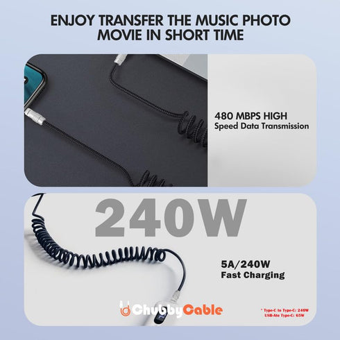 chubbycable Curly Chubby - Retractable Fast Charging Cable, 240W Coiled Charger Cord for Car, Durable USB-C Cable for