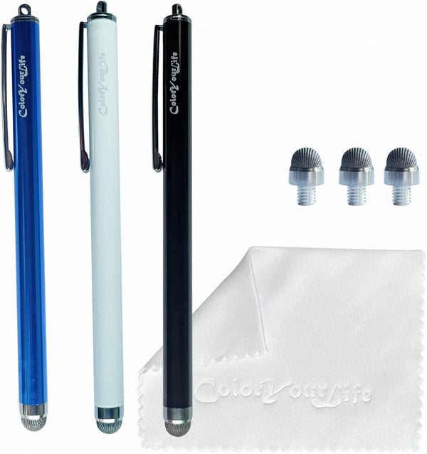 3-Pack Micro-Knit Mesh Tip Capacitive Stylus Pens for Touch Screens with Replaceable Fiber Tips, Cleaning Cloth (Black,