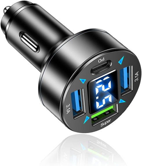Car Charger, 4 Ports Fast Charger with LED Voltmeter, Universal Cigarette Lighter USB Charger for iPhone & Android