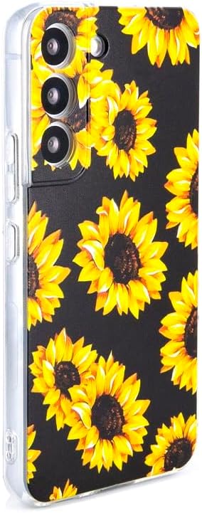 Galaxy S22 Case, Black Sunflower Pattern Cute Floral Soft TPU Back Cover for Samsung Galaxy S22 6.1 Inch