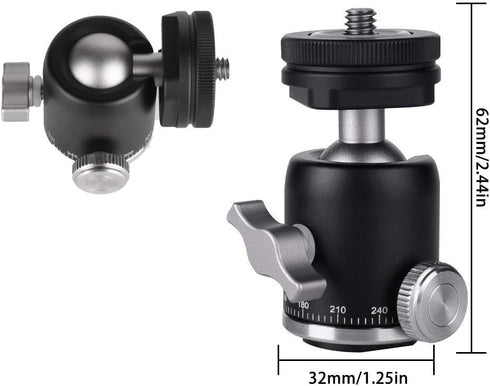 Camera Tripod Mini Ball Head Mount with Cold Shoe, 360 Pan & 90 Tilt Adapter for DSLR/Light Stand
