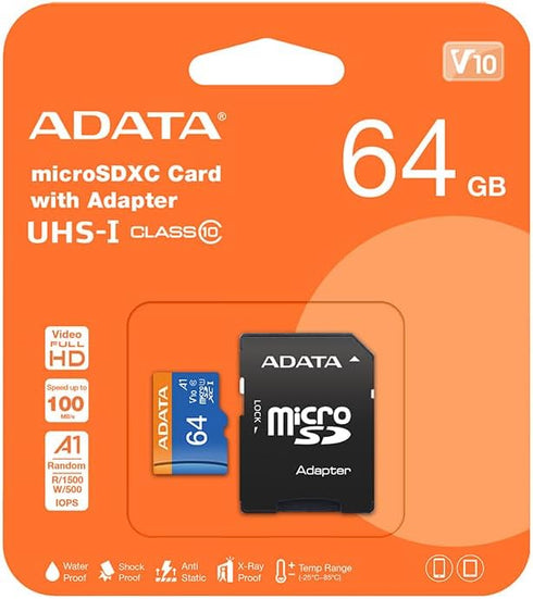 ADATA Premier 64GB MicroSDHC/SDXC UHS-I Class 10 V10 A1 Memory Card with Adapter