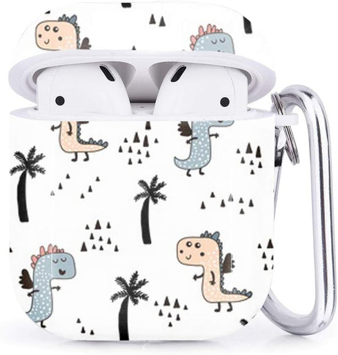 Compatible with Airpods 2 & 1, Shockproof TPU Gel Soft Case Cover with Carabiner Clip, Cute Dino