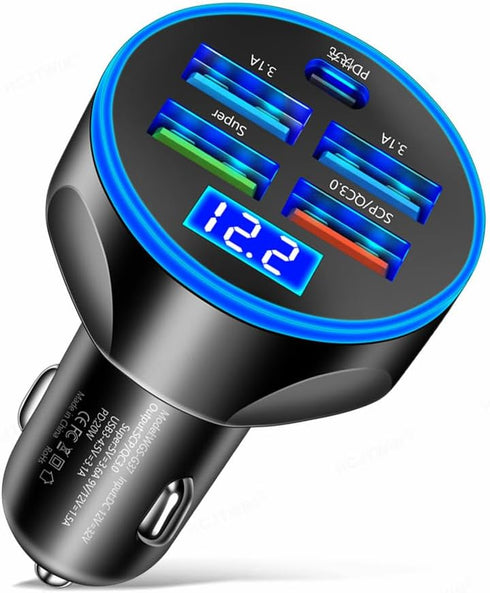 5-in-1 Multi-Port Car Charger with Voltage Detection, PD+3USB+QC3.0 Fast Charge Adapter for iPhone/Android/Samsung/iPad