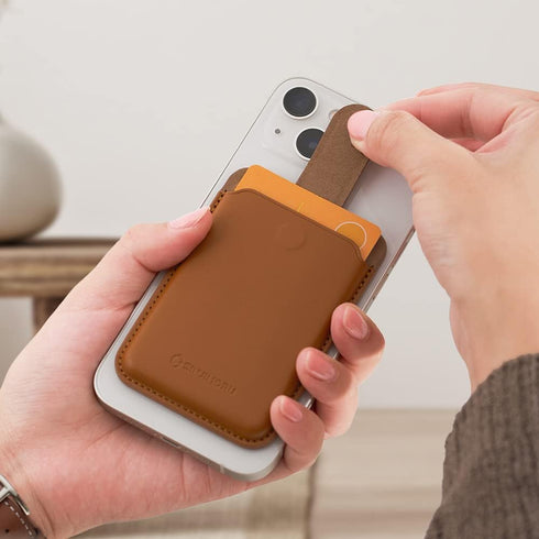 Sinjimoru Pull & Eject Magnetic Wallet for iPhone, Vegan Leather Magnetic Card Holder Compatible with MagSafe - Brown