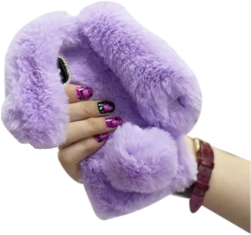 iPhone 11 Case (Light Purple) - Cute Luxury Bling Diamond Soft Warm Fluffy Rabbit Fur Cover with Crystal Bowknot