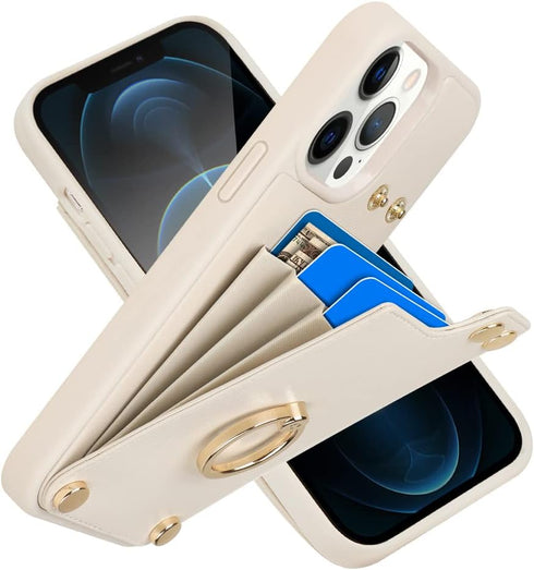 LAMEEKU Wallet Case for iPhone 12 Pro Max, RFID Blocking Leather Case with Card Holder and Kickstand, Beige