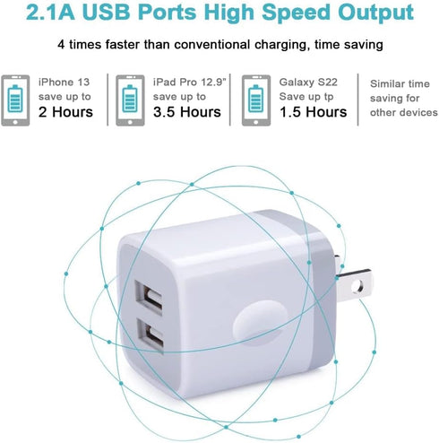 Charger Block, USB Wall Charger, Double USB Fast Charging Cube Block, 2.1A Power Adapter, 3Pack for iPhone and Samsung