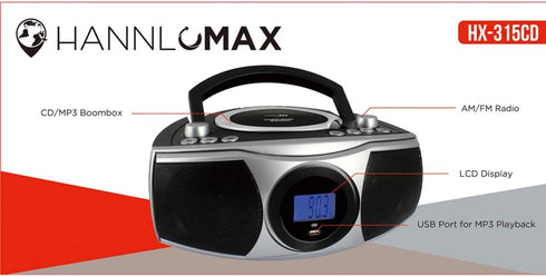 HANNLOMAX HX-315CD Portable CD/MP3 Boombox, AM/FM Radio, Bluetooth, USB Port for MP3 Playback, LCD Display, AC/DC Power