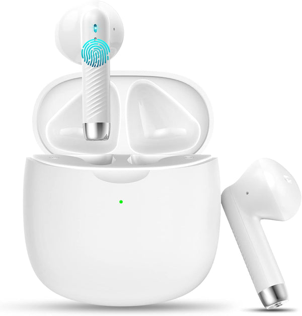 Jxrev Wireless Earbuds, Bluetooth 5.3 Noise Cancelling Mic, IP7 Waterproof Sports Earphones, 32H Playtime, White