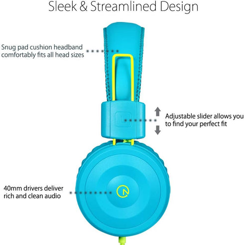 noot products Kids Headphones K22, Foldable Stereo, Tangle-Free 5ft Cord, 3.5mm Jack for iPad/Kindle Fire/Boys/Girls