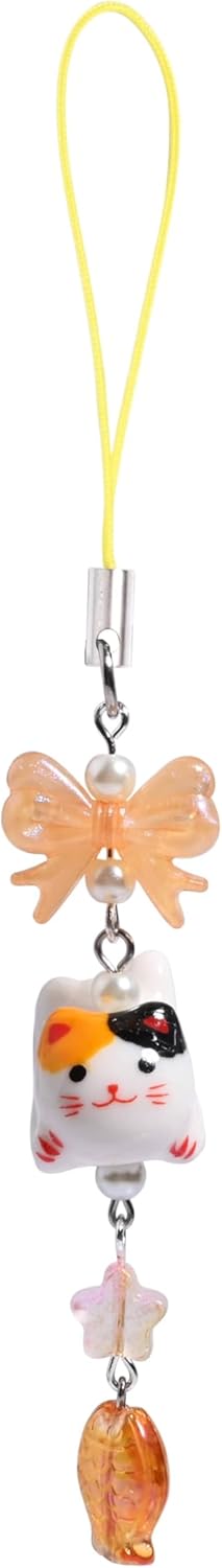 Cute Lazy Cat Phone Charm with Bow, Flower, Fish, Butterfly Beaded Aesthetic Keychain Accessories