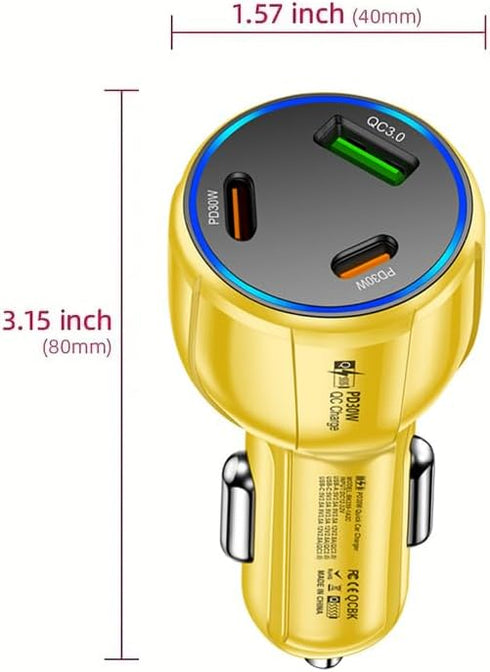 3-Port 90W USB C Car Charger, PD30W & QC3.0 Fast Charger Adapter for iPhone/Android/Samsung/iPad (Yellow)