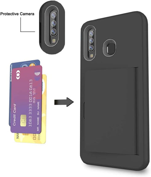 Asuwish Phone Case for Samsung Galaxy A11 with Black Credit Card Holder Slot, Tempered Glass Protector