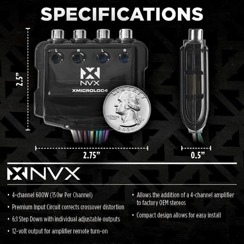 NVX XMICROLOC4 600W 4-Channel Speaker Cable to RCA Adjustable Line Output Converter with Remote Turn On Trigger
