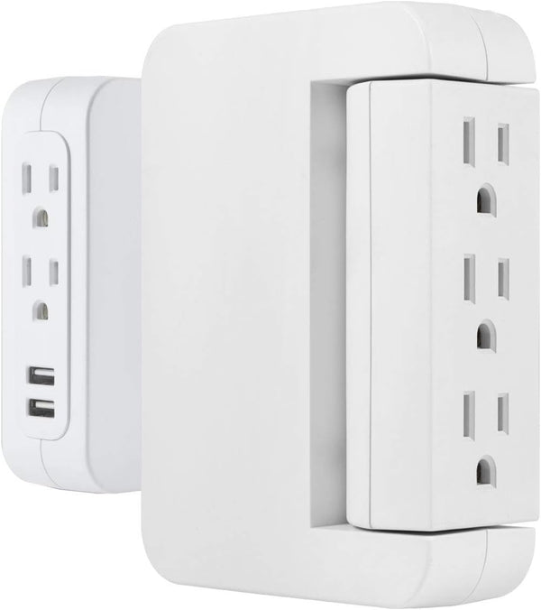 GE Pro Side-Access Swivel Surge Protector, 2 Pack, 5-Outlet Extender with 2 USB Ports, Wall Tap Adapter, White