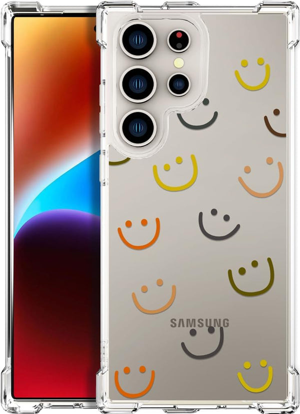 Cute Phone Case for Samsung Galaxy S24 Ultra - Clear Design, Transparent Kawaii Protective Case for Women, Smiley Face