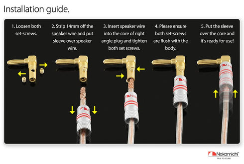 Nakamichi Excel Series 24k Gold Plated Right Angle Banana Plug 12-18 AWG 4mm for Speakers, 8 Pcs (4-Pairs)