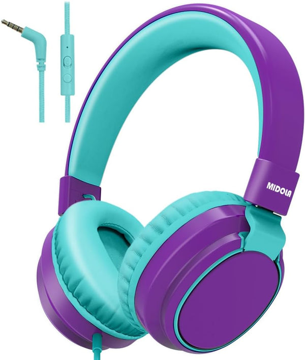 Kids Volume Limited 85/110dB Wired Over-Ear/On-Ear Foldable Headset with Inline Cable AUX 3.5mm Cord Mic for Boys and