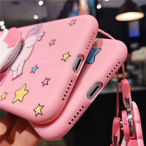 Unicorn Case for iPhone 11 Pro 5.8”, 3D Cartoon Design Cute Elastic Kickstand Protective Case with String Rope for Kids