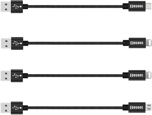 COSOOS Short Cables for Charging Station, 4 Pack Includes 2 iPhone Cables, 1 USB Type C, 1 Micro USB Cable