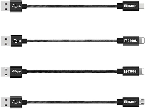 COSOOS Short Cables for Charging Station, 4 Pack Includes 2 iPhone Cables, 1 USB Type C, 1 Micro USB Cable