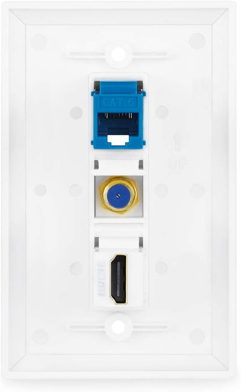 3 Port Wall Plate with Coaxial TV Cable F Type + Cat6 Ethernet + HDMI Keystone Female to Female Jack - White