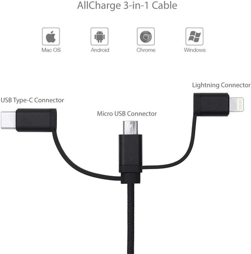 BoxWave Cable Compatible with Motorola Moto G6 Play, AllCharge 3-in-1 Cable for Motorola Moto G6 Play - Jet Black