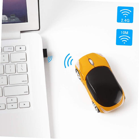 2.4GHz Wireless Mouse Cool 3D Sport Car Shape Ergonomic Optical Mice for PC Laptop Women Small Hands (Yellow)
