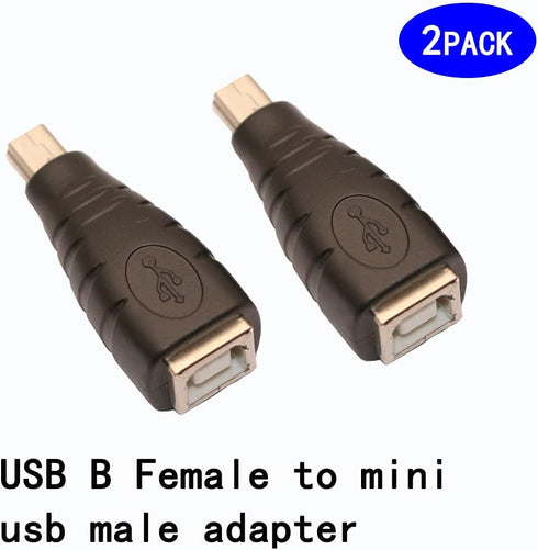 USB 2.0 Type B to Mini USB Adapter - 2 Pack, 5-Pin Female/Male