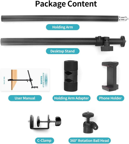 Overhead Camera Mount Desk Stand with 360° Adjustable Holding Arm, Flexible Phone Stand with Ballhead and Phone Mount