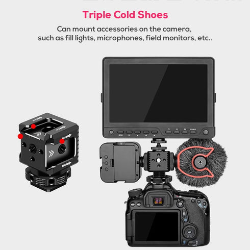 Triple Cold Shoe Mount Bracket, Camera Hot Shoe Mount Adapter with 1/4" Screw Holes for Flash Light Monitor