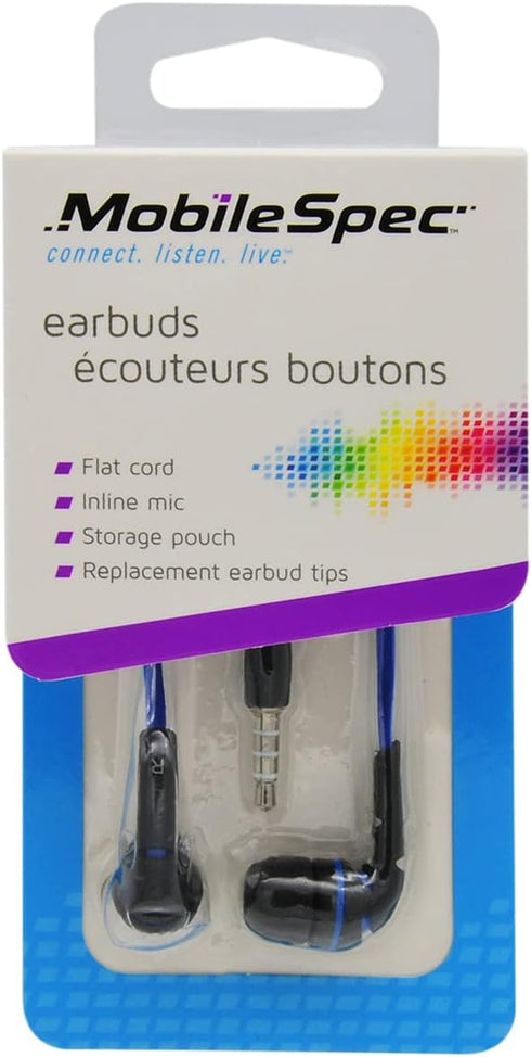 MobileSpec MBS10113 Stereo Earbuds, Flat Cord with In-Line Mic