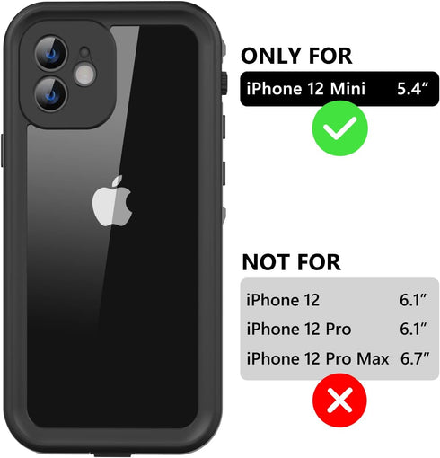for iPhone 12 Mini Waterproof Case with Built-in Screen Protector, Shockproof Dustproof Full Body Protective IP68 Waterproof Phone Case for iPhone 12 Mini 5.4 inch (Black/Clear)